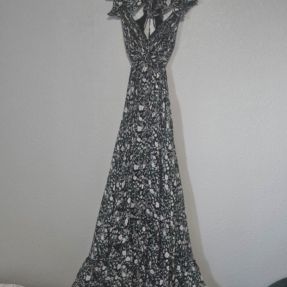 Astr Floral Twist-Front Maxi Dress in Black, Green, and White
